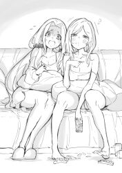 Rule 34 | 2girls, bare shoulders, barefoot, beer can, blush, breasts, camisole, can, chest on pillow, cleavage, collarbone, commentary request, couch, drink can, drunk, furrowed brow, greyscale, hair ornament, hair scrunchie, hand on another&#039;s shoulder, holding, holding can, horrified, idolmaster, idolmaster million live!, idolmaster million live! theater days, indoors, large breasts, leaning on person, legs apart, legs together, looking at viewer, mitogawawataru, momose rio, monochrome, motion lines, multiple girls, nikaidou chizuru, on couch, open mouth, pillow, scared, scrunchie, sidelocks, simple background, sitting, slippers, spaghetti strap, straight-on, straight hair, strap slip, sweat, sweatdrop, tearing up, turn pale, twintails, wavy mouth