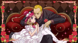 Rule 34 | 00s, 1boy, 1girl, argyle, argyle background, argyle clothes, blonde hair, brown background, bunbee, bunbee (yes! precure 5), candy, chocolate, chocolate heart, couch, dress, eyelashes, flower, food, formal, frills, gathers, hand on another&#039;s face, happy valentine, heart, height difference, maeashi, one eye closed, pantyhose, pink hair, precure, purple eyes, red flower, red rose, rose, shoes, short hair, short twintails, sitting, sitting on lap, sitting on person, smile, sparkle, suit, twintails, two side up, valentine, white pantyhose, wink, yes! precure 5, yumehara nozomi