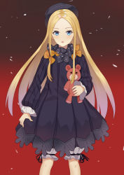 Rule 34 | 1girl, abigail williams (fate), absurdres, bad id, bad pixiv id, black bow, black dress, black hat, black ribbon, blonde hair, blue eyes, blush, bow, dress, fate/grand order, fate (series), floating hair, gradient background, gradient hair, hat, highres, holding, holding stuffed toy, long hair, long sleeves, looking at viewer, multicolored hair, open mouth, orange bow, parted bangs, polka dot, polka dot bow, ribbon, short dress, shorts under dress, silver hair, solo, standing, stuffed animal, stuffed toy, teddy bear, two-tone hair, unscpro, very long hair