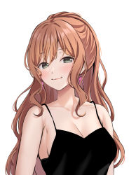 Rule 34 | 1girl, :3, armpit crease, bang dream!, bare shoulders, black camisole, blush, breasts, brown hair, camisole, cleavage, closed mouth, collarbone, commentary request, earrings, green eyes, hair between eyes, half updo, highres, imai lisa, jewelry, long hair, looking at viewer, medium breasts, ptal, rabbit earrings, sidelocks, simple background, smile, solo, spaghetti strap, upper body, wavy hair, white background