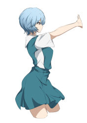 Rule 34 | 1girl, absurdres, ayanami rei, blue hair, blue skirt, commentary request, highres, neon genesis evangelion, nishizuki shino, outstretched arms, red eyes, school uniform, shirt, short hair, short sleeves, simple background, skirt, solo, standing, tokyo-3 middle school uniform, white background, white shirt