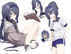 Rule 34 | 1girl, black eyes, black hair, black panties, blood, blue archive, blue shorts, blush, book, cardigan, chibi, chibi inset, female pubic hair, flying sweatdrops, glasses, gym uniform, hair bun, hairband, highres, long hair, looking at viewer, low twintails, multiple views, nose blush, nosebleed, open mouth, panties, panty pull, pubic hair, pussy, pussy peek, round eyewear, sailor collar, sh (shinh), shirt, shorts, simple background, sitting, slippers, sparkle, standing, turtleneck, twintails, ui (blue archive), underwear, white background, white shirt