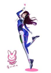 Rule 34 | 1girl, abig33, absurdres, acronym, arm up, armor, ass, bodysuit, boots, bracer, breasts, brown eyes, brown hair, character name, clothes writing, d.va (overwatch), facepaint, facial mark, from behind, full body, gloves, headphones, heart, highres, leg up, lips, long hair, long sleeves, looking at viewer, looking back, medium breasts, open mouth, overwatch, overwatch 1, pauldrons, pilot suit, pink lips, ribbed bodysuit, shoulder armor, shoulder pads, simple background, skin tight, smile, solo, spoken heart, teeth, thigh boots, thigh strap, thighhighs, turtleneck, whisker markings, white background, white footwear, white gloves