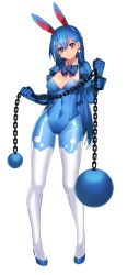 Rule 34 | 1girl, animal ears, azumarill, bad id, bad twitter id, ball and chain (weapon), blue eyes, blue hair, blue theme, bow, breasts, chain, cleavage, creatures (company), detached collar, earrings, fake animal ears, female focus, flail, full body, game freak, gen 2 pokemon, gloves, highres, holding, jewelry, katagiri hachigou, leotard, long hair, long sleeves, matching hair/eyes, nintendo, pantyhose, personification, playboy bunny, pokemon, rabbit ears, simple background, solo, spiked ball and chain, weapon, white background