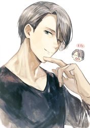 Rule 34 | 1044kiro, 10s, 1boy, ;), blue eyes, chibi, closed eyes, finger to own chin, grey hair, hair over one eye, looking at viewer, male focus, one eye closed, simple background, smile, solo, upper body, viktor nikiforov, white background, yuri!!! on ice