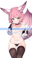 Rule 34 | 1girl, absurdres, animal ears, bare shoulders, black panties, brown thighhighs, budget sarashi, closed mouth, collar, collarbone, commission, detached sleeves, flat chest, fox ears, fox girl, fox tail, green eyes, highres, large tail, looking at viewer, navel, original, panties, pink hair, sarashi, short hair, simple background, skindentation, solo, stomach, string panties, tail, thighhighs, underwear, white background, yuri (chocho q)