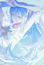 Rule 34 | 1girl, absurdres, armpits, arms up, azura (fire emblem), blue hair, closed mouth, commentary, detached collar, detached sleeves, dress, elbow gloves, english commentary, fingerless gloves, fire emblem, fire emblem fates, gloves, highres, hydrokinesis, long hair, looking at viewer, nintendo, solo, soru4013, upper body, veil, very long hair, water, white dress, white gloves, white sleeves, yellow eyes