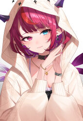 Rule 34 | 1girl, absurdres, aotake iro, black choker, blue eyes, bracelet, breasts, choker, cleavage, demon horns, earrings, heterochromia, highres, hololive, hololive english, hood, hood up, hooded cardigan, horns, irys (casualrys) (hololive), irys (hololive), jewelry, light blush, light smile, lips, looking at viewer, medium breasts, multicolored hair, nail polish, necklace, pointy ears, purple eyes, purple hair, purple nails, short hair, solo, steepled fingers, streaked hair, upper body, virtual youtuber, watch, white background, wings, wristwatch