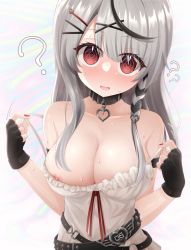 Rule 34 | 1girl, ?, ??, @ @, areola slip, black collar, black hair, blush, breasts, camisole, collar, collarbone, embarrassed, fingerless gloves, frilled camisole, frills, gloves, grey hair, hair ornament, heart collar, heart pendant, highres, hololive, hypnosis, large breasts, long hair, looking at viewer, looking up, medium hair, mind control, minto yupo, multicolored hair, nail polish, nipple slip, nipples, open mouth, red eyes, red nails, sakamata chloe, solo, streaked hair, sweat, virtual youtuber, white camisole, x hair ornament