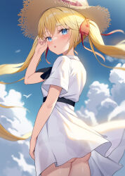 Rule 34 | alexmaster, arm at side, arm up, ass, black panties, blonde hair, blue eyes, blue sky, blush, cloud, commentary request, day, dress, hair between eyes, hair ribbon, hat, hat ribbon, highres, long hair, looking at viewer, open mouth, original, outdoors, panties, panties visible through clothes, ribbon, sky, standing, straw hat, sun hat, twintails, underwear, white dress