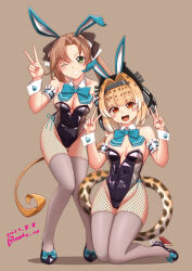 Rule 34 | 2girls, adapted costume, akigumo (kancolle), akigumo kai ni (kancolle), animal ears, aqua bow, aqua bowtie, black footwear, black leotard, blonde hair, borrowed character, bow, bowtie, breasts, brown background, brown hair, cleavage, commission, crossover, dated, detached collar, double v, fishnet pantyhose, fishnets, green eyes, grey hair, grey thighhighs, grin, hair ribbon, kantai collection, leopard ears, leopard girl, leopard tail, leotard, long hair, medium breasts, moke ro, mole, mole under eye, multiple girls, orange eyes, original, pantyhose, playboy bunny, ponytail, rabbit ears, ribbon, short hair, simple background, skeb commission, smile, spotted tail, strapless, strapless leotard, tail, thighhighs, v, wrist cuffs