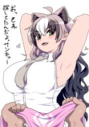 Rule 34 | 1boy, 1girl, ahoge, animal ears, armpits, arms behind head, arms up, bear ears, bear girl, blush, breasts, brown eyes, brown hair, button shirt, covered erect nipples, extra ears, ezo brown bear (kemono friends), fangs, unworn headwear, heart, highres, japanese text, kemono friends, large breasts, light brown hair, long hair, looking at viewer, mamiyama, motion lines, multicolored hair, necktie, open mouth, pink headwear, pov, pov hands, shirt, simple background, sleeveless, sleeveless shirt, solo focus, standing, teeth, tongue, translation request, upper body, white background, white hair, white shirt