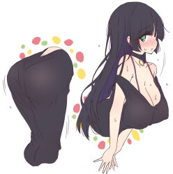 Rule 34 | 1girl, ass, black choker, black dress, black hair, blunt bangs, bocchi the rock!, breasts, choker, colored inner hair, covered erect nipples, dress, ear piercing, green eyes, highres, hime cut, large breasts, long hair, mel (melty pot), multicolored hair, pa-san, piercing, purple hair, simple background, solo