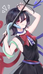 Rule 34 | 1girl, :q, adapted costume, ahoge, arms up, asymmetrical wings, belt, black dress, black hair, blue belt, blue choker, blue wings, bow, bowtie, breasts, buttons, center frills, choker, commentary request, dress, fingernails, frills, grey background, highres, holding, holding polearm, holding weapon, houjuu nue, looking at viewer, mizore arius, notice lines, polearm, red belt, red bow, red bowtie, red eyes, red wings, simple background, sleeveless, sleeveless dress, small breasts, snake, solo, tongue, tongue out, torn clothes, torn sleeves, touhou, trident, weapon, wings