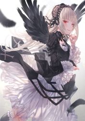 Rule 34 | 1girl, black wings, doll joints, feathered wings, feathers, flat chest, gothic lolita, highres, joints, lolita fashion, long hair, looking at viewer, makai no juumin, parted lips, platinum blonde hair, puffy sleeves, red eyes, rozen maiden, smile, solo, suigintou, very long hair, wings