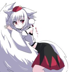 Rule 34 | 1girl, animal ears, bare shoulders, black skirt, highres, inubashiri momiji, looking at viewer, open mouth, pokopoko ponzu, pom pom (clothes), red eyes, shirt, short hair, simple background, skirt, solo, tail, touhou, white background, white hair, white shirt, white sleeves, wolf ears, wolf girl, wolf tail