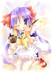 Rule 34 | 00s, 1girl, ;d, blue eyes, blush, cowboy shot, dress, hiiragi kagami, holding, lace, leg up, long hair, looking at viewer, lucky star, neckerchief, nyanmilla, one eye closed, open mouth, pink hair, pocky, sailor collar, shoes, smile, solo, standing, standing on one leg, very long hair, white dress