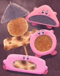 Rule 34 | blue eyes, blush, blush stickers, brown background, chikuwa, commentary request, daikon, food, food in mouth, highres, kirby, kirby (series), konnyaku (food), looking at viewer, miclot, mouthful mode, nintendo, no humans, oden, open mouth, pink footwear, radish, shoes, skewer