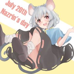 Rule 34 | 1girl, :d, absurdres, animal ears, black footwear, capelet, from below, grey hair, highres, jewelry, mouryou (chimimouryou), mouse ears, mouse tail, nazrin, open mouth, pendant, red eyes, round teeth, short hair, smile, solo, tail, teeth, touhou, yellow background