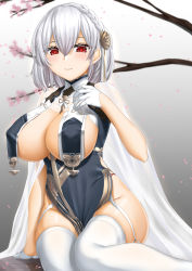 Rule 34 | 1girl, abukobato, azur lane, blush, braid, branch, breast curtains, breasts, cherry blossoms, china dress, chinese clothes, cleavage, closed mouth, dress, flower, garter straps, gloves, gradient background, grey background, grey dress, hair between eyes, hair flower, hair ornament, half gloves, highres, large breasts, looking at viewer, neckwear between breasts, pelvic curtain, red eyes, revealing clothes, see-through, short hair, side braid, sideboob, sirius (azur lane), sirius (azure horizons) (azur lane), smile, solo, thighhighs, thighs, white gloves, white hair, white thighhighs