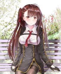 Rule 34 | 1girl, 3:, bench, black gloves, black jacket, blush, braid, breasts, brown eyes, brown hair, brown pantyhose, closed mouth, collared shirt, commentary, day, flower, framed breasts, girls&#039; frontline, gloves, hair ribbon, highres, jacket, long hair, long sleeves, looking at viewer, medium breasts, mutang, necktie, on bench, one side up, outdoors, pantyhose, park bench, red flower, red necktie, red ribbon, ribbon, shirt, sitting, solo, striped clothes, striped shirt, thighband pantyhose, vertical-striped clothes, vertical-striped shirt, very long hair, wa2000 (girls&#039; frontline), white shirt
