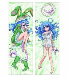 Rule 34 | 10s, 1girl, animal ears, bare legs, bare shoulders, barefoot, blue eyes, blue hair, blush, body blush, boots, coat, covering crotch, covering privates, dakimakura (medium), date a live, eyepatch, feet, green footwear, hair between eyes, hat, hat ribbon, head tilt, highres, knee boots, long hair, looking at viewer, lying, multiple views, off shoulder, official art, on back, on side, panties, pantyshot, parted lips, pink legwear, rabbit ears, ribbon, rubber boots, shoes, striped clothes, striped panties, stuffed animal, stuffed rabbit, stuffed toy, sun hat, toe scrunch, toes, underwear, unworn boots, unworn shoes, yoshino (date a live), yoshinon