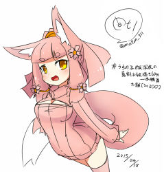 Rule 34 | 1girl, 2015, alternate color, animal ears, blush, breasts, cleavage cutout, clothing cutout, dated, eyebrows, fox ears, fox tail, kedamaton, kogetsu tooka, looking at viewer, meme attire, open-chest sweater, original, pink hair, ribbed sweater, simple background, sketch, solo, sweater, tail, translation request, white background, yellow eyes