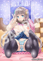 Rule 34 | 1girl, akaza, artist name, blue eyes, blue panties, blue skirt, blush, bow, bowtie, breasts, breasts out, brown hair, cameltoe, camisole, checkered clothes, checkered scarf, checkered skirt, cleft of venus, clothes lift, curtains, feet, foot focus, head tilt, huge breasts, lifting own clothes, long hair, long sleeves, looking at viewer, night, night sky, nipples, no shoes, nose blush, original, panties, pantyshot, pillow, pink bow, pink bowtie, polka dot, sample watermark, scarf, scrunchie, sitting, skirt, skirt lift, sky, socks, soles, solo, star (sky), starry sky, striped clothes, striped panties, sweater, sweater lift, thighhighs, toes, twintails, underwear, v, very long hair, watermark, window