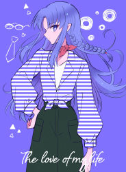 Rule 34 | 1girl, absurdres, bow, braid, closed mouth, dress shirt, fate/stay night, fate (series), floating hair, hair between eyes, hand on own hip, highres, long hair, medea (fate), nayu tundora, pants, pointy ears, profile, purple background, purple eyes, purple hair, red bow, shirt, single braid, solo, standing, striped clothes, striped shirt, tied shirt, very long hair