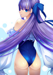 Rule 34 | 1girl, absurdres, ass, blue bow, blue eyes, blue one-piece swimsuit, bow, casual one-piece swimsuit, closed mouth, cowboy shot, fate/grand order, fate (series), floating hair, from behind, hair bow, highres, long hair, long sleeves, looking at viewer, looking back, meltryllis, meltryllis (fate), meltryllis (swimsuit lancer) (fate), meltryllis (swimsuit lancer) (second ascension) (fate), one-piece swimsuit, purple hair, shrug (clothing), smile, solo, standing, swimsuit, thigh gap, user fnkj2325, very long hair, white background, white sleeves