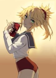 Rule 34 | 1girl, :&gt;, absurdres, ass, blonde hair, blush, braid, commentary request, eating, fate/apocrypha, fate (series), food, food in mouth, from side, green eyes, hair ornament, hair scrunchie, highres, holding, holding food, long sleeves, looking at viewer, medium hair, mordred (fate), mordred (fate/apocrypha), mordred (swimsuit rider) (second ascension) (fate), pocky, pocky day, ponytail, red scrunchie, red shorts, school uniform, scrunchie, serafuku, shorts, simple background, smile, solo, tonee, two-tone background