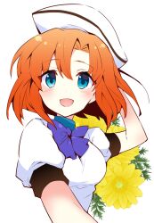 Rule 34 | 1girl, :d, beret, blue eyes, blush, bob cut, bow, commentary request, dress, eyes visible through hair, floating hair, floral background, flower, hair between eyes, hand up, hat, highres, higurashi no naku koro ni, looking at viewer, open mouth, orange hair, puffy short sleeves, puffy sleeves, purple bow, ryuuguu rena, short hair, short sleeves, simple background, smile, solo, suzuragi karin, upper body, white background, white dress, white hat, yellow flower