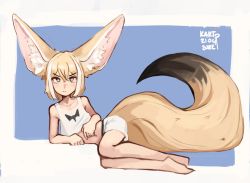 Rule 34 | 1girl, :/, absurdres, animal ear fluff, animal ears, arm support, artist name, barefoot, blonde hair, blue background, blush, bob cut, border, bright pupils, closed mouth, collarbone, crop top, crossed bangs, dated, female focus, flat chest, fox ears, fox girl, fox tail, full body, hair between eyes, highres, kart prowler, large ears, large tail, legs together, light blush, looking at viewer, lying, matching hair/eyes, midriff, multicolored hair, navel, on side, original, shirt, short shorts, shorts, sidelocks, signature, simple background, sketch, sleeveless, sleeveless shirt, solo, streaked hair, tail, two-tone hair, v-shaped eyebrows, white border, white hair, white pupils, white shirt, white shorts, yellow eyes