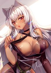 Rule 34 | 1girl, :o, absurdres, animal ears, areola slip, breasts, cat ears, cleavage, commentary request, destiny child, highres, lalazyt, large breasts, leotard, leotard pull, mona (destiny child), red eyes, signature, simple background, two-tone background, white hair