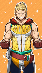 Rule 34 | 1boy, absurdres, alternate costume, bara, bare shoulders, blonde hair, blue eyes, bodysuit, boku no hero academia, covered abs, feet out of frame, highres, kuroshinki, looking at viewer, male focus, muscular, muscular male, pectorals, short hair, sleeveless, smirk, solo, spiked hair, standing, togata mirio, white bodysuit