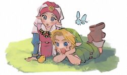 1boy 1girl :o all_fours belt bird blonde_hair blue_eyes blue_sleeves blush boots brooch brown_belt brown_footwear chick child commentary_request dress fairy green_hat green_tunic hands_on_own_cheeks hands_on_own_face hat jewelry legs_up link long_sleeves looking_at_animal lying navi nintendo on_grass on_stomach open_mouth pink_dress pointy_ears princess_zelda puffy_long_sleeves puffy_sleeves short_sleeves simple_background smile the_legend_of_zelda the_legend_of_zelda:_ocarina_of_time the_pose tunic two-tone_dress white_background white_dress white_headdress yamori_(yamoooon21) young_link young_zelda