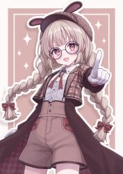 Rule 34 | 1girl, black-framed eyewear, blush, border, braid, brooch, brown background, brown coat, brown hair, brown hat, brown shorts, coat, cowboy shot, fang, gloves, hat, highres, jewelry, looking at viewer, low twin braids, low twintails, natori sana, open clothes, open coat, outline, outside border, plaid capelet, pointing, pointing at viewer, red eyes, round eyewear, sana channel, shirt, shorts, skin fang, solo, suspenders, twin braids, twintails, uxx2ixu, v-shaped eyebrows, virtual youtuber, white border, white gloves, white outline, white shirt