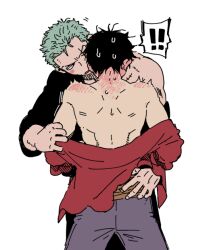 Rule 34 | !, !!, 2boys, back, black coat, black eyes, black hair, blush, body blush, coat, couple, earrings, facial scar, green hair, haramaki, jewelry, male focus, monkey d. luffy, multiple boys, neshogatsu co, one eye closed, one piece, partially undressed, red shirt, roronoa zoro, scar, scar across eye, scar on cheek, scar on chest, scar on face, shirt, short hair, sideburns, simple background, single earring, single off shoulder, sweatdrop, undressing another, white background, yaoi