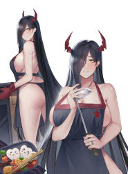 Rule 34 | 1girl, absurdres, alternate costume, apron, ass, azur lane, bare shoulders, bento, black apron, black hair, black panties, blush, breasts, character name, chopsticks, cleavage, cooking, dress, english text, food, friedrich der grosse (azur lane), hair over one eye, highres, horns, huge breasts, jewelry, long hair, looking at viewer, mature female, mechanical horns, milephunter, naked apron, nearly naked apron, oven, oven mitts, panties, pinafore dress, red horns, ring, sideboob, sleeveless dress, smile, soup ladle, thighs, underwear, very long hair, white background, yellow eyes