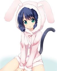 Rule 34 | 10s, 1girl, :o, amano kouki, animal ears, animal hood, blue hair, cat tail, curly hair, cyan (show by rock!!), fake animal ears, green eyes, highres, hood, pajamas, rabbit ears, rabbit hood, short hair, show by rock!!, simple background, solo, tail, white background