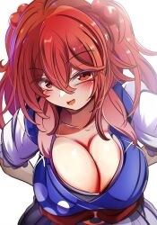 Rule 34 | 1girl, blush, breasts, cleavage, commentary request, hair bobbles, hair ornament, highres, kana (user rkuc4823), large breasts, looking at viewer, onozuka komachi, open mouth, red eyes, red hair, short sleeves, simple background, solo, touhou, two side up, upper body, white background