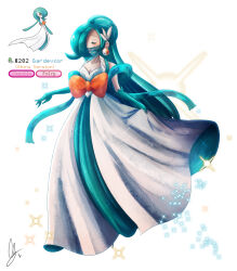 Rule 34 | 1girl, absurdres, alternate color, aqua dress, aqua gloves, aqua hair, aqua mask, blush, breasts, cleavage, closed eyes, commentary, creatures (company), dress, earrings, endifi, english commentary, full body, game freak, gardevoir, gen 3 pokemon, gloves, highres, humanization, jewelry, long hair, mask, mouth mask, multicolored hair, nintendo, pokemon, shiny pokemon, simple background, skirt hold, small breasts, solo, standing, two-tone hair, very long hair, white background, white dress