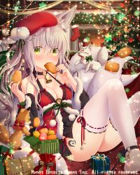 Rule 34 | 1girl, animal, animal ears, bell, blush, breasts, christmas, christmas tree, cleavage, collar, eating, falkyrie no monshou, food, food in mouth, fox, fox ears, fox girl, fox tail, gift, green eyes, grey hair, hat, holding, holding food, long hair, looking at viewer, medium breasts, natsumekinoko, neck bell, official art, red hat, santa hat, sitting, solo, tail, thighhighs, white thighhighs