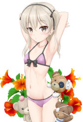 Rule 34 | 1girl, armpits, arms behind head, arms up, bandages, bandaid, bare arms, bare shoulders, bikini, black bow, blush, boko (girls und panzer), bow, bow bikini, breasts, brown eyes, brown hair, closed mouth, collarbone, commentary request, eyepatch, flipper, flower, girls und panzer, groin, hair between eyes, halterneck, head bump, highres, long hair, looking at viewer, medical eyepatch, navel, pink bikini, red flower, shimada arisu, simple background, small breasts, solo, striped, stuffed animal, stuffed toy, swimsuit, teddy bear, two side up, white background