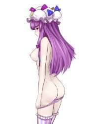 Rule 34 | 1girl, absurdres, ass, blush, breasts, butt crack, closed mouth, cowboy shot, crescent, crescent hair ornament, hair ornament, hat, hat ribbon, highres, long hair, looking at viewer, mob cap, nipples, no bra, pan-ooh, panties, panty pull, patchouli knowledge, purple eyes, purple hair, purple ribbon, red ribbon, ribbon, simple background, solo, striped clothes, striped thighhighs, thighhighs, topless, touhou, underwear, underwear only, undressing, white background