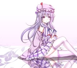Rule 34 | 1girl, arm support, bad id, bad pixiv id, bare shoulders, bow, breasts, double bun, dress, hair bow, hair bun, hat, hat ribbon, hime cut, knee up, kyowosuke, light purple hair, long hair, looking at viewer, mob cap, on floor, parted lips, patchouli knowledge, purple eyes, reflection, ribbon, robe, sidelocks, simple background, sitting, solo, striped clothes, striped dress, thighhighs, touhou, white background
