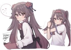 Rule 34 | 1girl, apron, black apron, blush, bow, bowtie, bracelet, brown hair, closed mouth, commentary, flower, frown, genshin impact, ghost, gym uniform, hair flaps, hair flower, hair ornament, headband, highres, hu tao (genshin impact), jewelry, long hair, long sleeves, looking to the side, multiple views, oven mitts, red bow, red bowtie, red flower, red headband, roku 6, shirt, sidelocks, simple background, smile, smoke, stretching, t-shirt, tray, twintails, upper body, very long hair, white background, white shirt