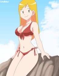 Rule 34 | 1girl, absurdres, bikini, blonde hair, breasts, cleavage, digimon, digimon frontier, highres, large breasts, legs, long hair, looking at viewer, navel, orimoto izumi, red bikini, sitting, smile, solo, swimsuit, thighs