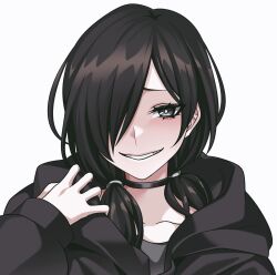 Rule 34 | 1girl, black hair, black jacket, black shirt, commission, grey shirt, hair over one eye, highres, hood, hooded jacket, hz (666v), jacket, looking at viewer, original, profile picture, second-party source, shirt, simple background, smile, twintails, upper body, white background
