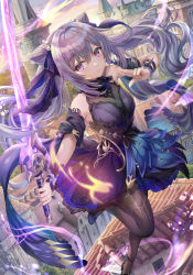 Rule 34 | 1girl, bare shoulders, city, clock, clock tower, commentary request, cone hair bun, detached sleeves, dress, floating hair, genshin impact, hair between eyes, hair bun, hair ribbon, highres, holding, holding sword, holding weapon, keqing (genshin impact), keqing (opulent splendor) (genshin impact), long hair, looking at viewer, outdoors, pantyhose, parted lips, purple dress, purple eyes, purple hair, purple ribbon, ribbon, short sleeves, sidelocks, sleeveless, sleeveless dress, solo, sword, torino aqua, tower, twintails, very long hair, weapon, wrist cuffs